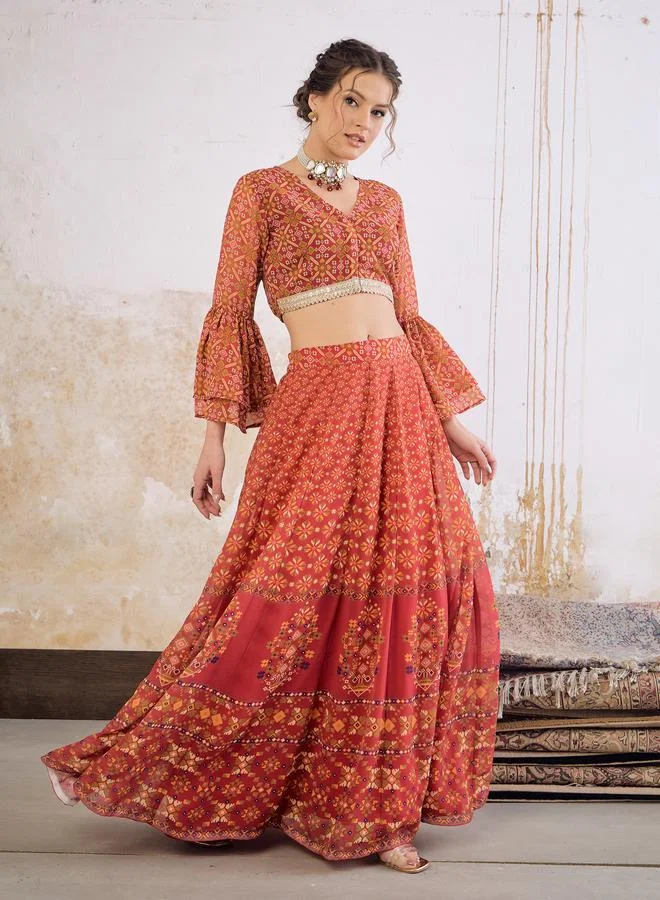 SASSAFRAS Maroon Floral Frill Sleeves Crop Top With Anarkali Skirt